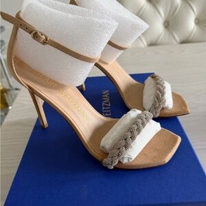 Stuart Weitzman Nude Braided-Trim Suede Stiletto Sandals